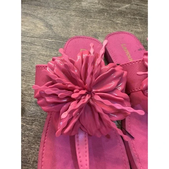 LARROUDE Hibiscus‎ Pink Floral Flip Flop Sandals Size 6/7 3D - Picture 7 of 9